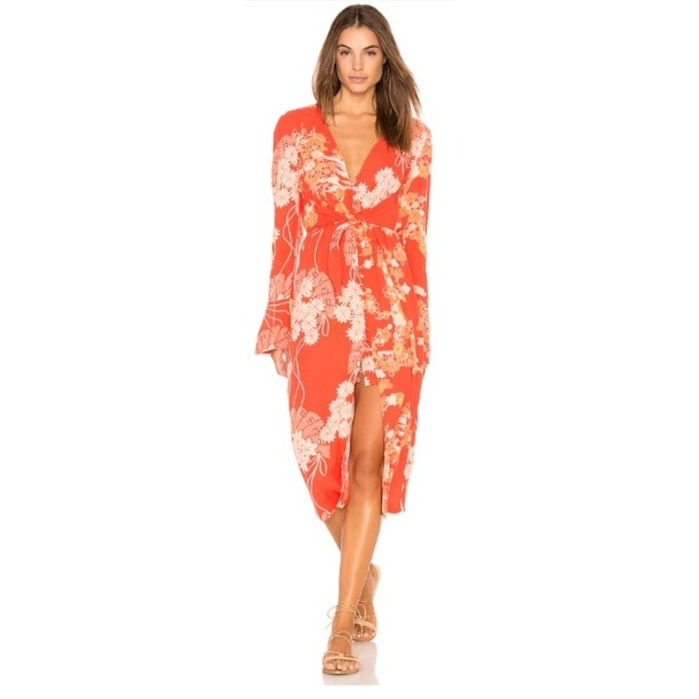 Free‎ People Mixed Print Midi Dress Orange Rayon Blend Bell Sleeve Tie Waist XS